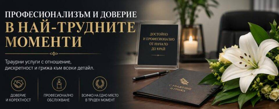 Професионален офис за траурни услуги с документи, бели лилии и свещ, символизиращи доверие, уважение и отговорно обслужване.